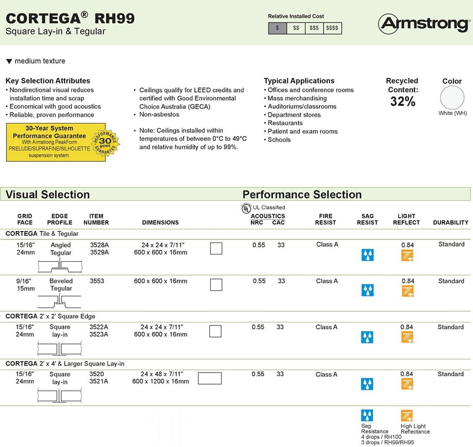 Tấm sợi khoáng Cortega RH99 ArmStrong – MỸ